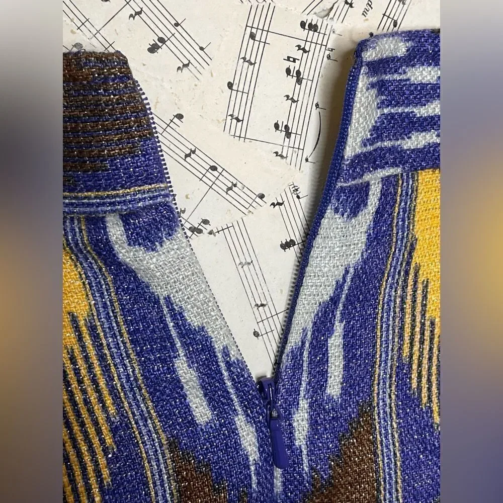 Tory Burch Blue Yellow Jemima Ikat Metallic Linen Pencil Skirt Size 12